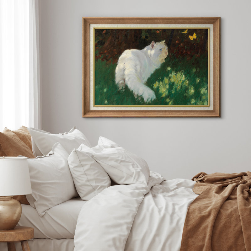 Art de chat blanc dans un pré vert, images de salon, impression sur toile encadrée sur toile., H 26 po x l 36 po