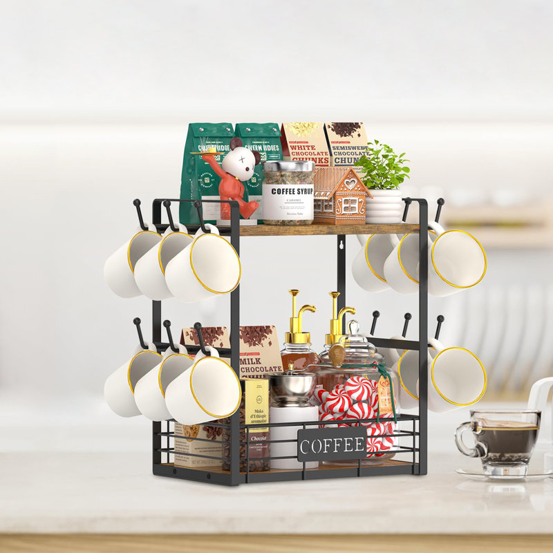 Multi-Functional 2 Tier Mug Tree Rack, Vintage Brown
