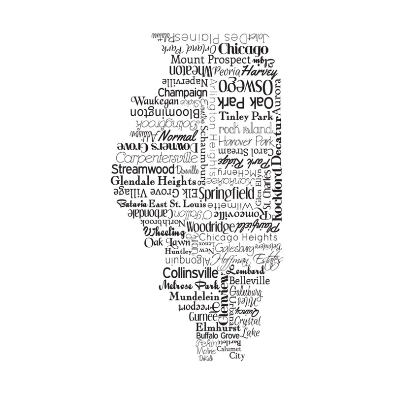 «Illinois Typographie», impression, H 10 po x l 8 po x P 1,5 po, Pas de tapis, Toile tendue