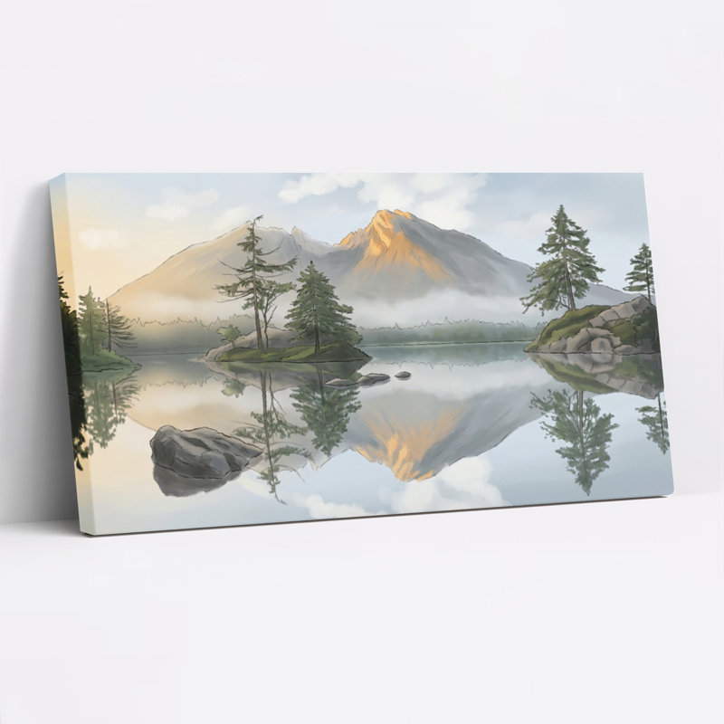 Ensemble de 1 tableau sur toile représentant un paysage de lac de montagne, H 16 po x l 32 po