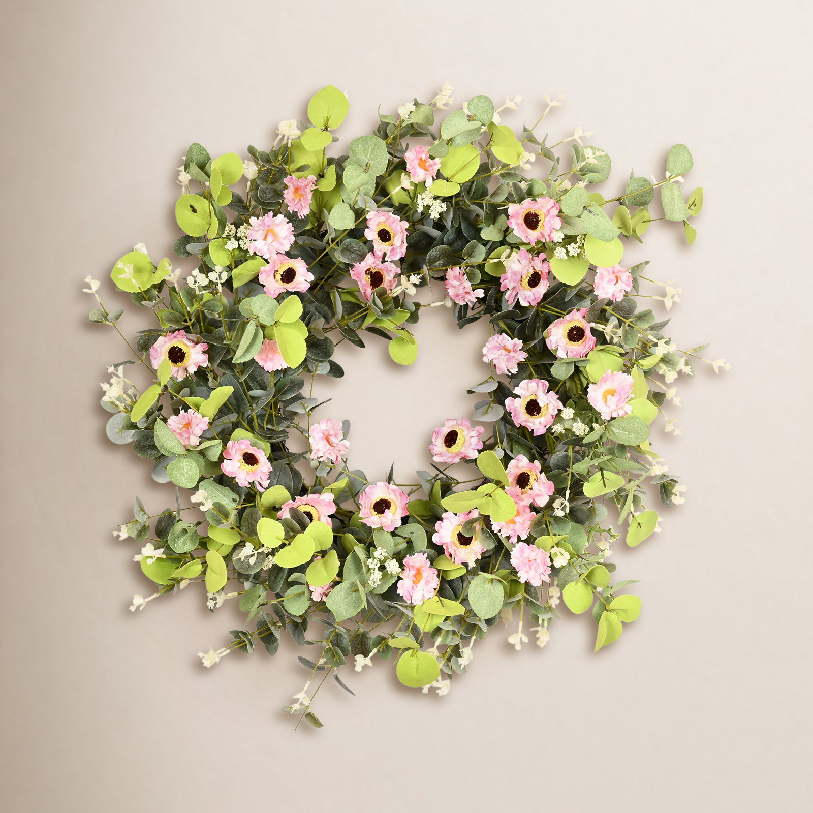 26" Handcrafted Eucalyptus Daisy Everyday Wreath, Pink