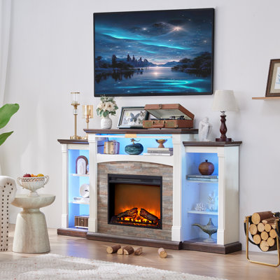 70" Fireplace TV Stand For 80'' TV, Electric Fireplace With Mantel, White Entertainment Center With Electric Fireplace & LED Lights, TV Console Fire Place TV Stands For Living Room