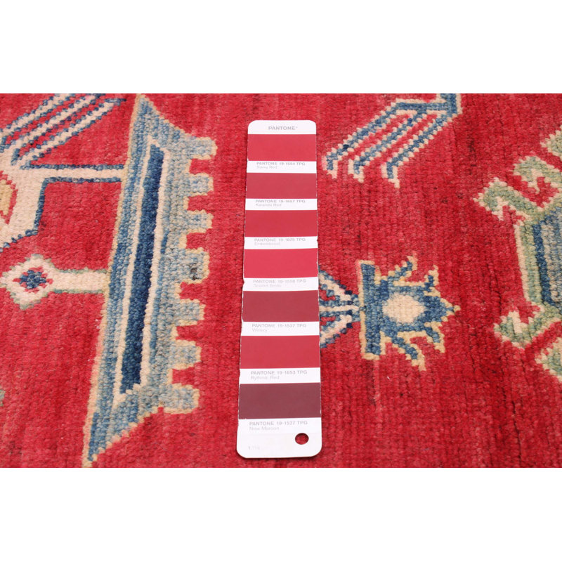 Tapis rouge / bleu en laine noué à la main de conception unique 6 pi 7 po x 9 pi 6 po New Age