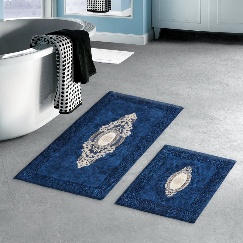 Ensemble de luxueux tapis de bain (2 pièces), bleu foncé, 19,7 po x 23,6 po et 23,6 po x 39,4 po | 100% polyester, hauteur des poils de 0,6 po | Dessous antidérapant, antibactérien, lavable à la machine | Parfait pour les salles de bain élégantes