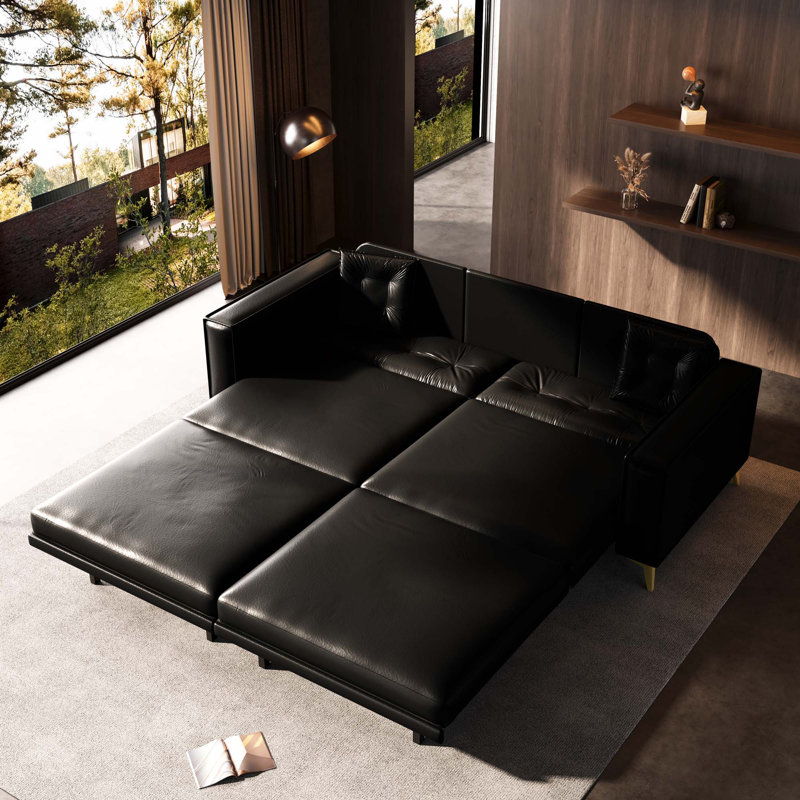 Canapé-lit 92,1 po 3-en-1 capitonné en similicuir 92,1 po avec 2 coussins pour salon, appartement et bureau, Noir