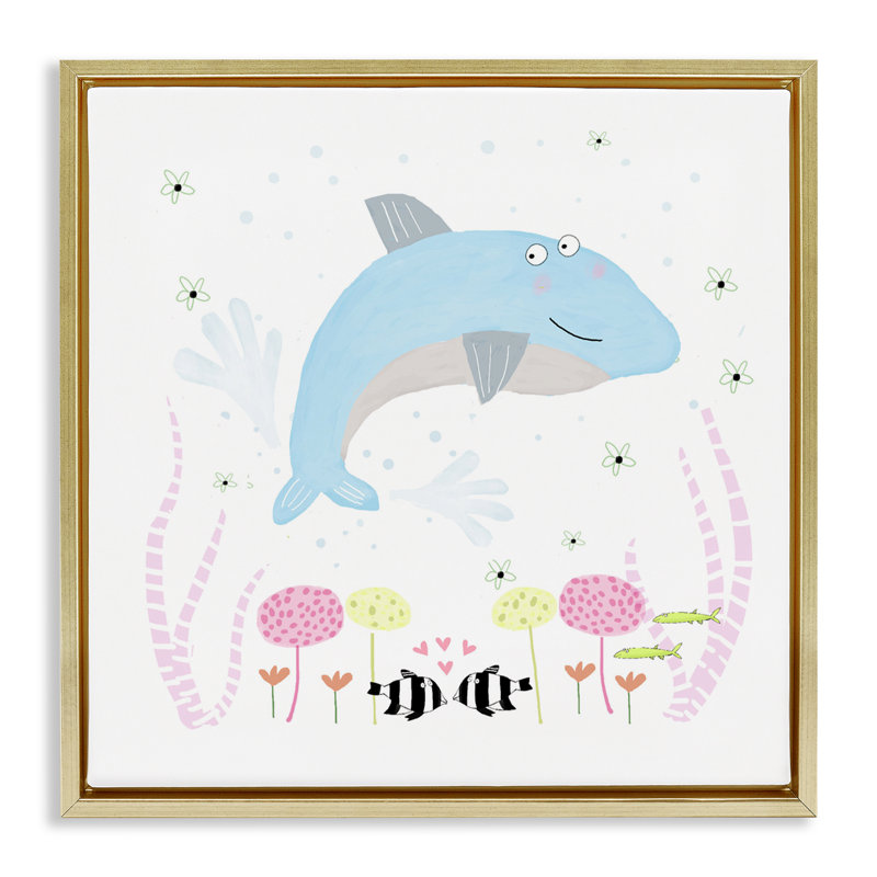 Cadre flottant bébé dauphin et fleurs, design par Carla Daly, H 25 po x l 25 po, Cadre flottant métallique doré