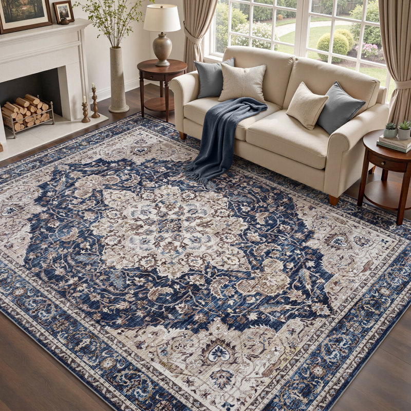 Soft Vintage Floral Non-Slip Washable Area Rug For Living Room, Bedroom Navy, Retangle 5' x 7', Blue/Beige/Ivory