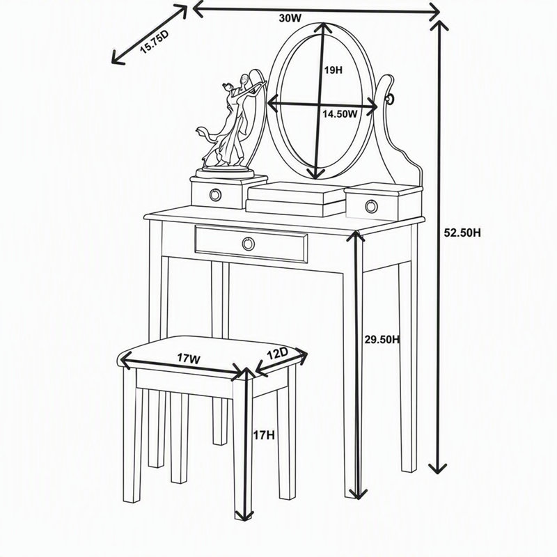 Ensemble de coiffeuse en bois avec table et tabouret, coiffeuse à 3 tiroirs et miroir ovale réglable, ensemble de coiffeuse complet