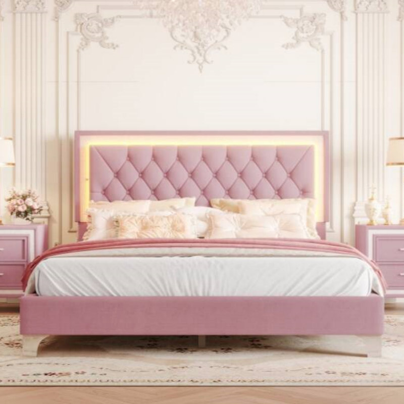 Grand cadre de lit tapissier grand avec lumières DEL, lit plateforme moderne en velours avec tête de lit capitonnée