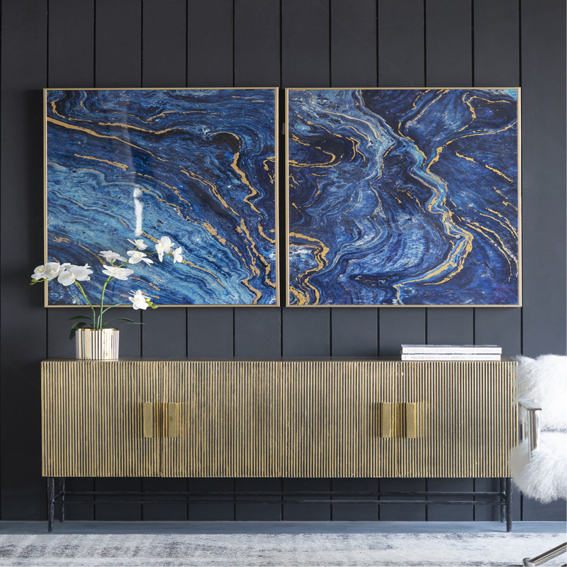 Ensemble de 2 panneaux d'art encadrés bleus et dorés, motif marbré unique, 30,5 po x 40 po