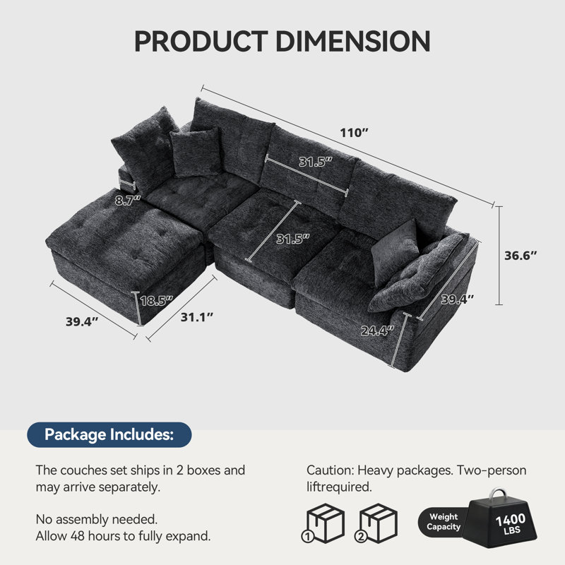 110" Cloud Sectional Couches L-Shaped Modular Boneless Chenille Sofa Couches With Deep Seat Ottoman And Side Pockets, Module Combination For Living Room 3 Seater
