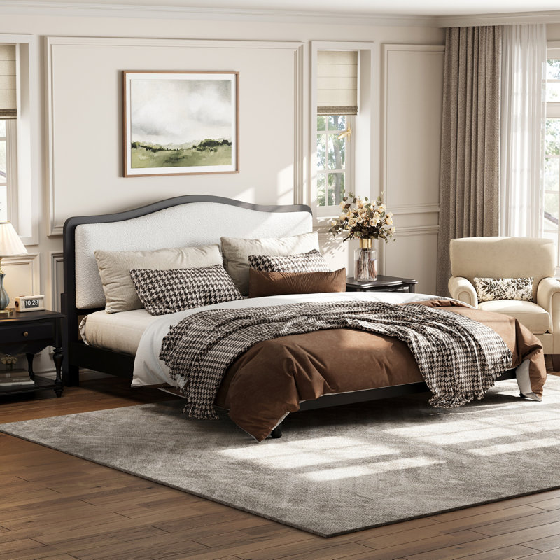 Lit plateforme en bois massif avec tête de lit tapissier, sans sommier tapissier, structure et tissu blanc, Noir, Grand lit
