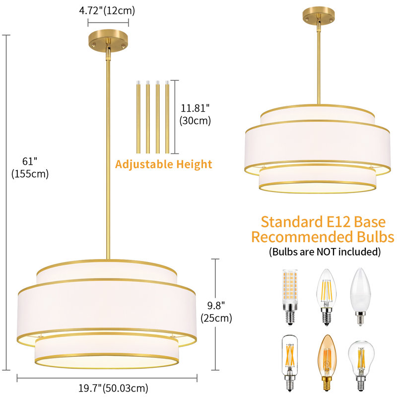 Vyrl 6 - Light Dimmable Modern Farmhouse Fabric Drum Chandelier for Living Room Kitchen Entryway Hallway Foyer, Gold
