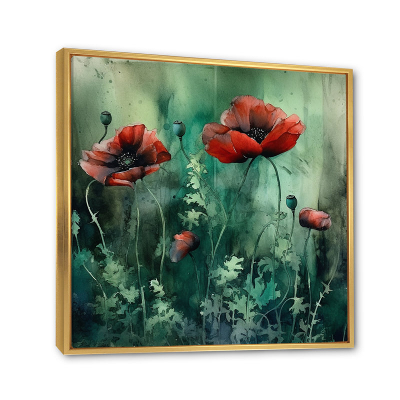 Emerald Vibrant Poppies II, H 36 po x l 36 po x P 1,5 po, Cadre flottant doré
