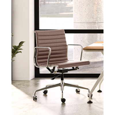 Ashvina Mid Back Conference Chair Genuine Leather Office Chair with Aluminum Base and Frame