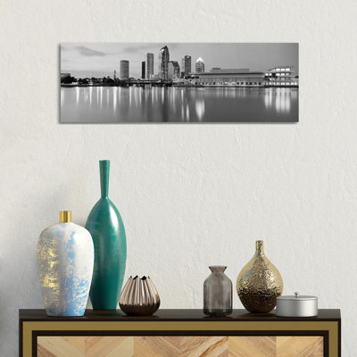 Tampa Panoramic Skyline Cityscape (Black & White - Dusk) - Wrapped Canvas Panoramic Print