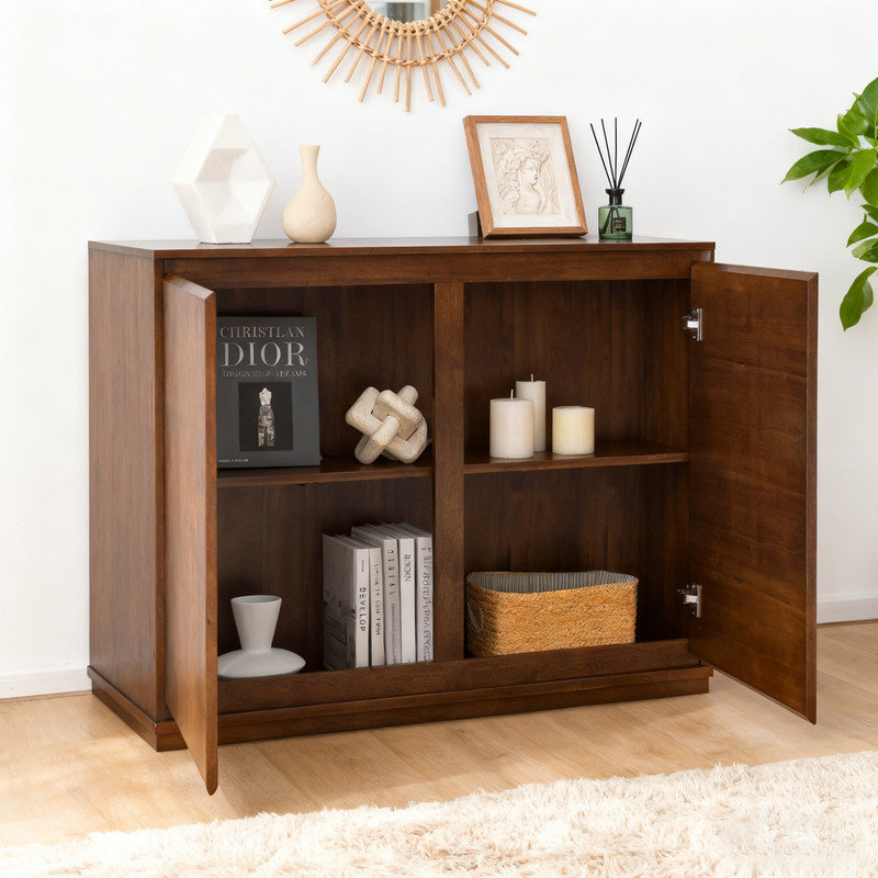 Walnut Finish Sideboard With 2 Outlet Holes, 39" Modern Buffet Storage Cabinet For Entryway, Living Room And Dining Room