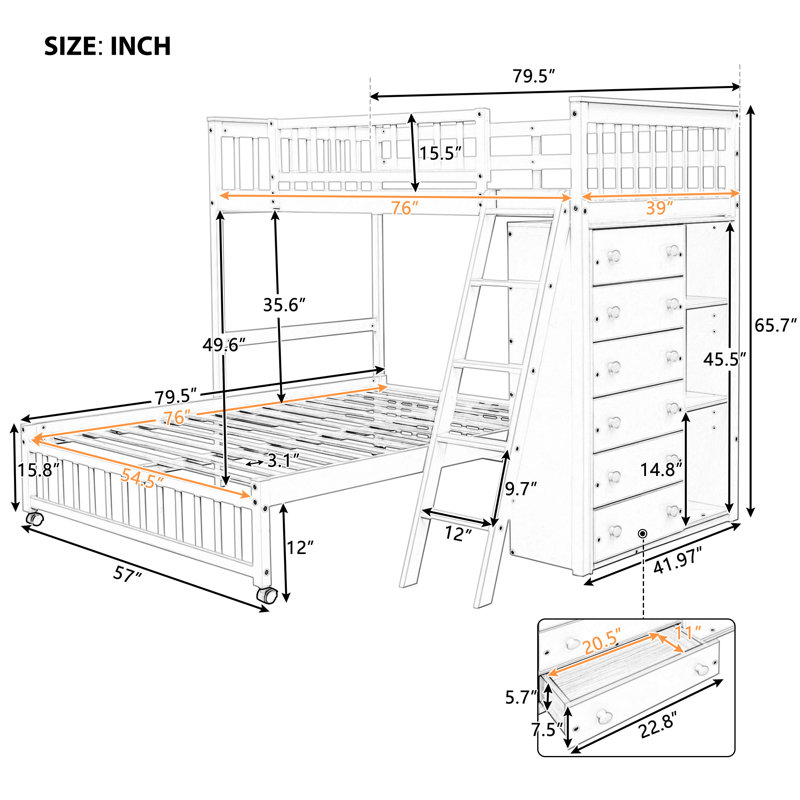 6 Drawers Twin Over Full L-shaped Bunk Bed With Shelves, Espresso