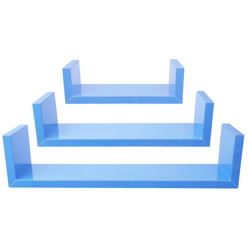 Keokee 3 Pieces U Shaped Floating Float Shelves Glossy Matte Finish Easy Mounted Wall Shelves, Blue