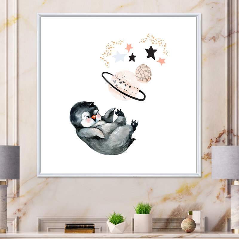 Mignon petit pingouin - peinture, H 30 po x l 30 po x P 1 po, Cadre flottant blanc