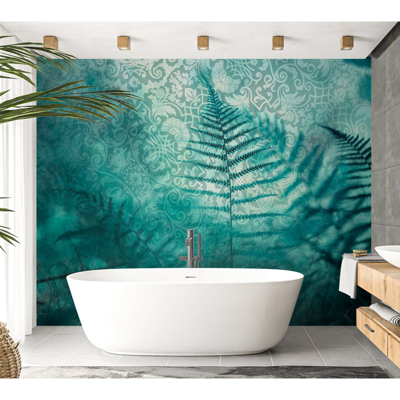 Papier peint botanique - ombres fougères bleues, L 68 po x l 98 po