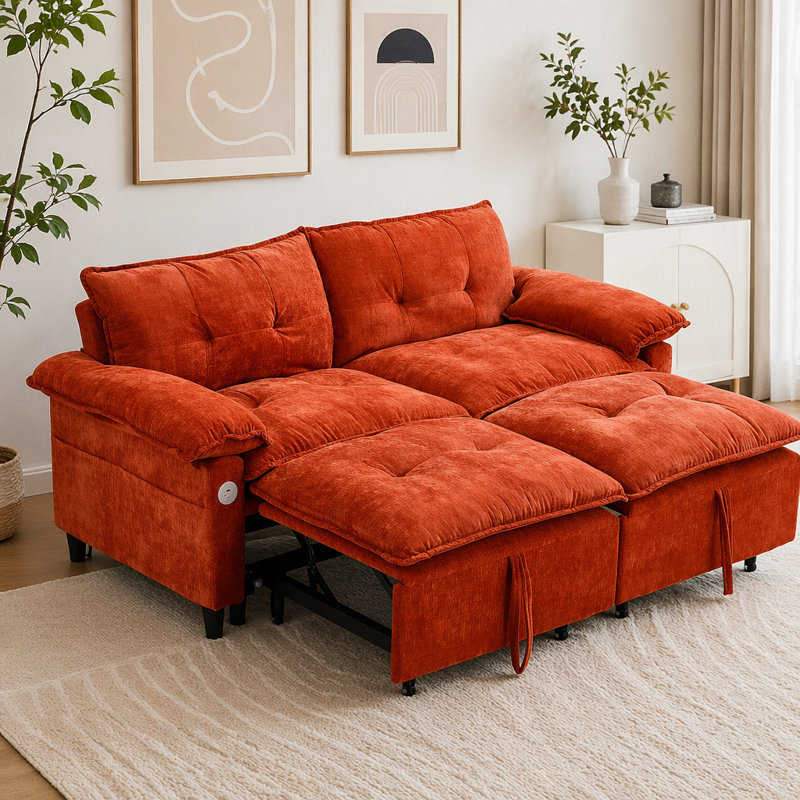 Canapé-lit coulissant en velours avec matelas caché, conception peu encombrante, Velours orange
