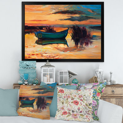 «Boat Pendant Evening Glow At The Lake I», peinture sur toile