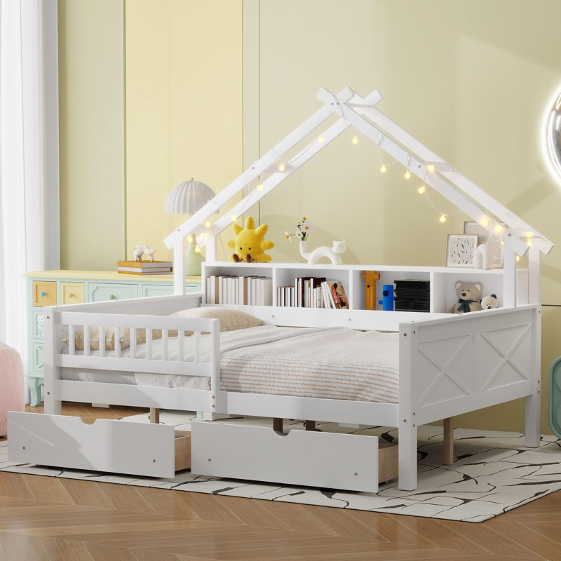 Lit plateforme double en bois avec rangement et garde-corps, Blanc