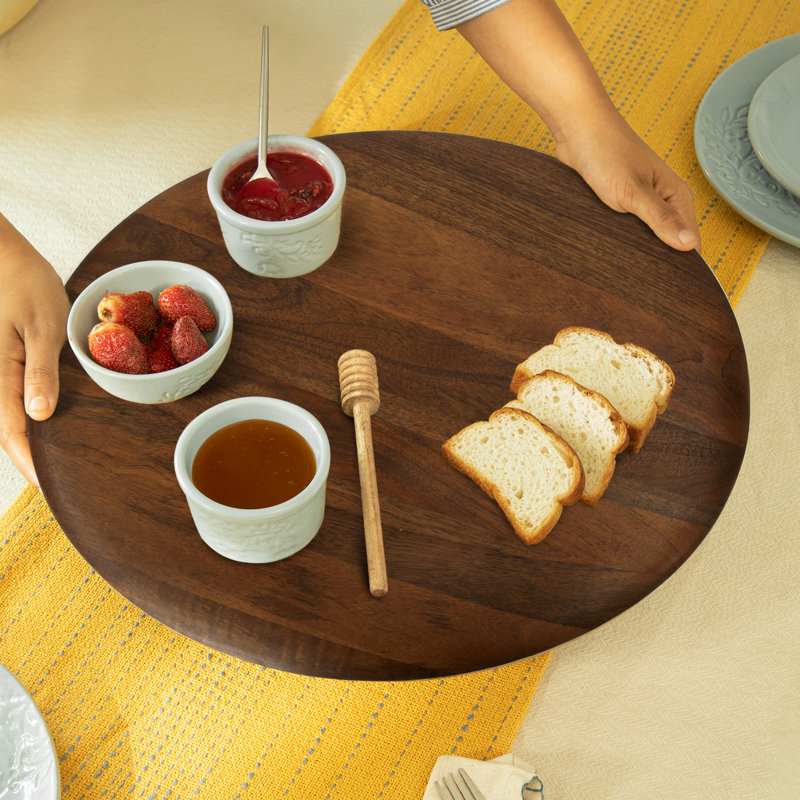 Plateau de service en bois Lazy Susan, plateau repose-pieds contemporain pour le thé, les hors-d'œuvre, les desserts et le déjeuner