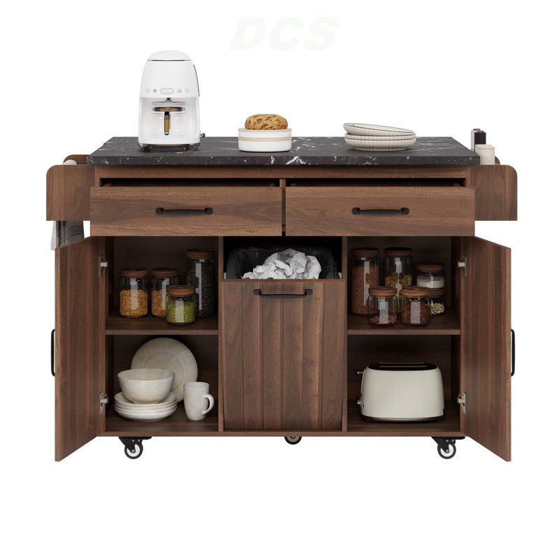 Kitchen Island With Trash Can Storage Cabinet, Kitchen Cart With Drop Leaf, Spice Rack, Towel Rack And Drawer, Rolling Kitchen Island On Wheels With Adjustable Shelf, Walnut Brown, Kitchen Island