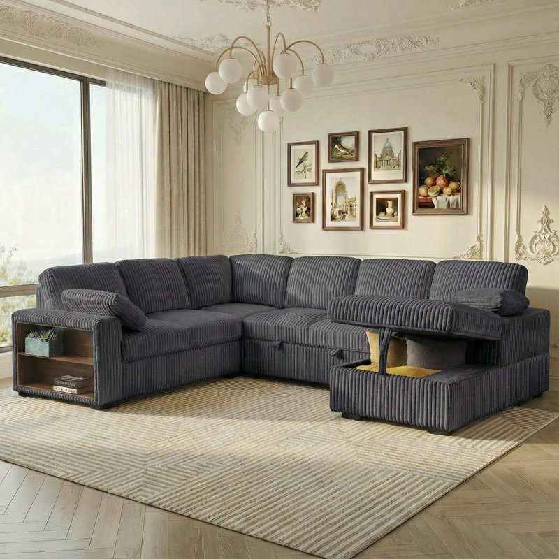 117" Corduroy U-Shaped Sleeper Sectional with Storage Chaise & Side Bookshelf, Dark Gray, Dark Gray