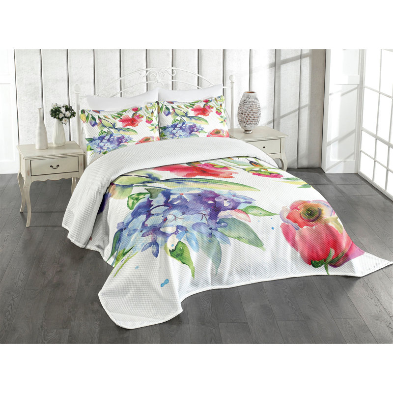 Ambesonne Art Bedspread Set Summer Flowers Branch Multicolor, Queen Bedspread + 2 Standard Shams