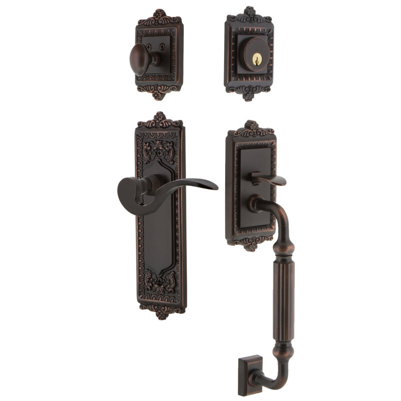 Nostalgic Warehouse Egg & Dart Plate F Grip Handleset with Single Cylinder Deadbolt and Manor Lever, Right, 2 3/8"