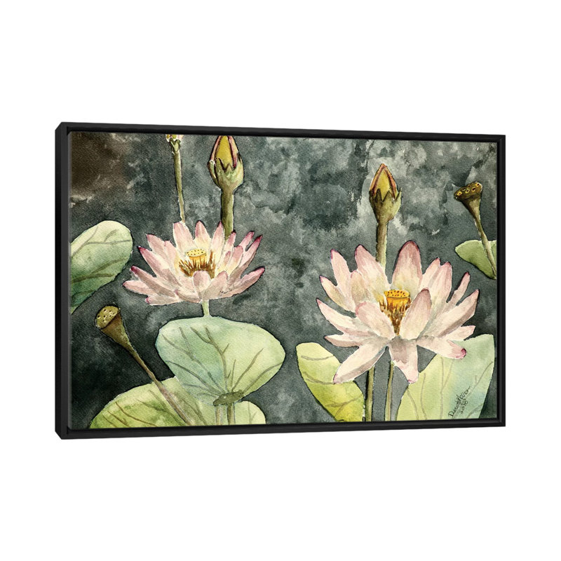 « lotus fleurs », impression sur toile, H 18 po x l 26 po x P 1,5 po, Toile avec cadre noir, Pas de tapis