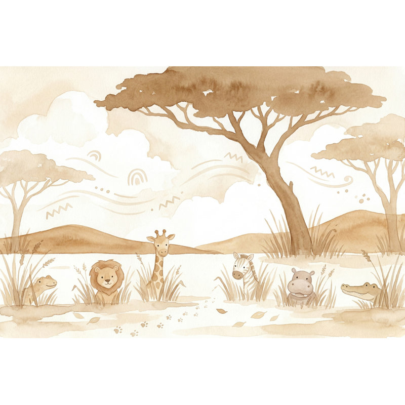 Papier peint blanc avec pépinière, décoration murale safari amovible, Non tissé, 160 po x 108 po