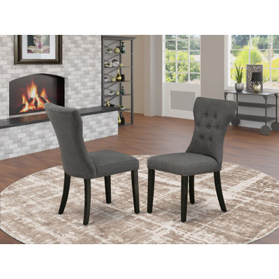 Gallatin Parson Chairs - Button Tufted Nailhead Trim Dark Gotham Linen Fabric Upholstered Dining Chairs, Set of 2, Wirebrushed Black