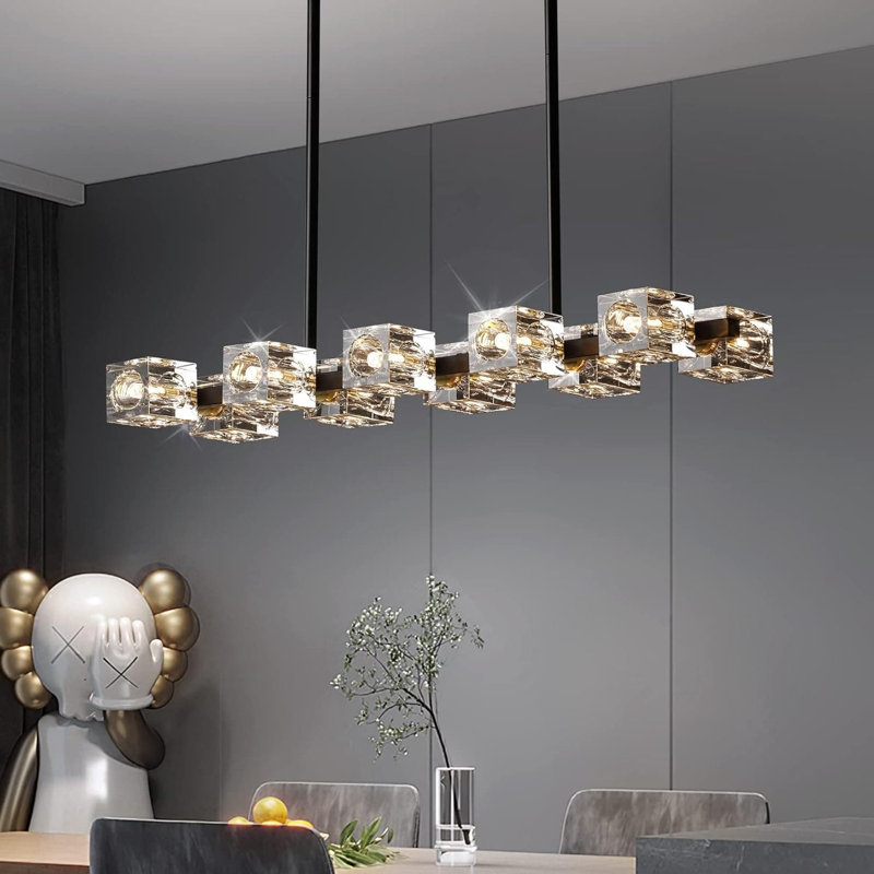 Plafonnier semi-encastré Modern Crystal Chandelier, H 8,27 po x l 31 po x P 31 po, Noir, 10 lumières