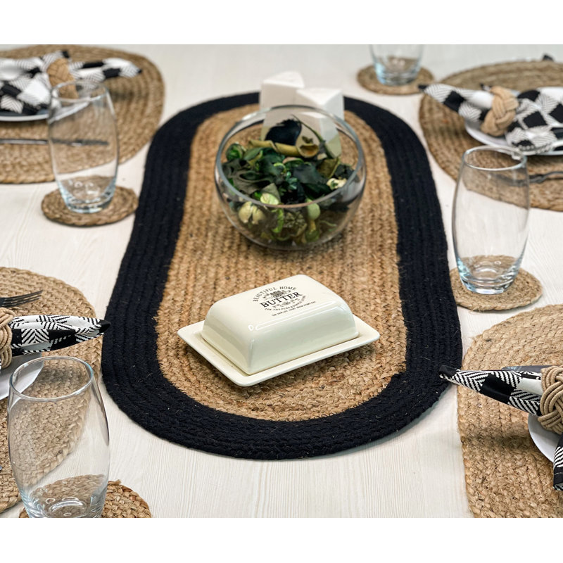 VERONA JUTE BORDER ROUND TABLE RUNNER, Natural/Black, 13" x 36"