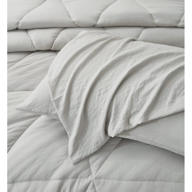 Washed Microfiber Bedding Polyester Comforter, King Comforter + 2 King Shams, Light Gray