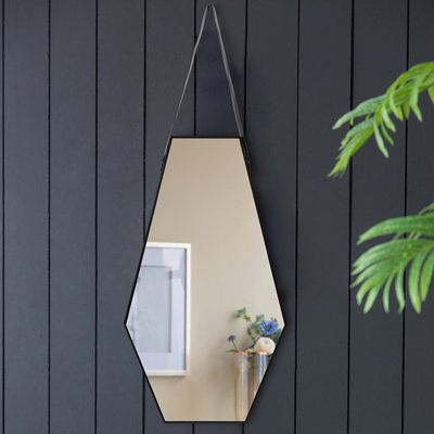 Miroir mural hexagonal noir et argent avec sangle en cuir