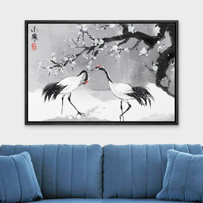 " Chinese Ink Winter Cranes And Plum Blossoms Flowers Animal Nature Landscape Modern Rustic Neutral "
