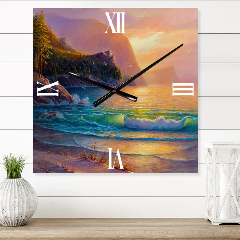 Plage romantique pendant un coucher de soleil chaud - horloge murale nautique et côtière, Petit