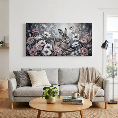 Ensemble de 1 tableau sur toile représentant un lapin à fleurs