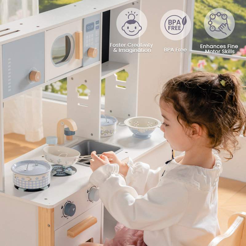 Pretend Play Kitchen Accessories Set with Metal Cookware, Cooking Utensils & Storage Bag, Blue