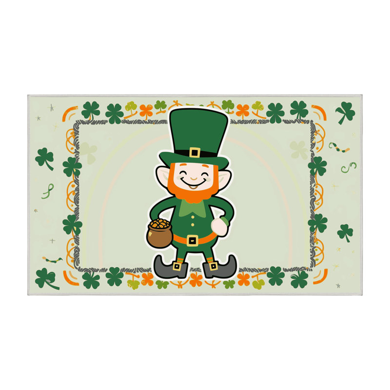 The Holiday Aisle® Washable Saint Patrick's Day Clover Leprechaun Holiday Rug, Rectangle 3' x 5'