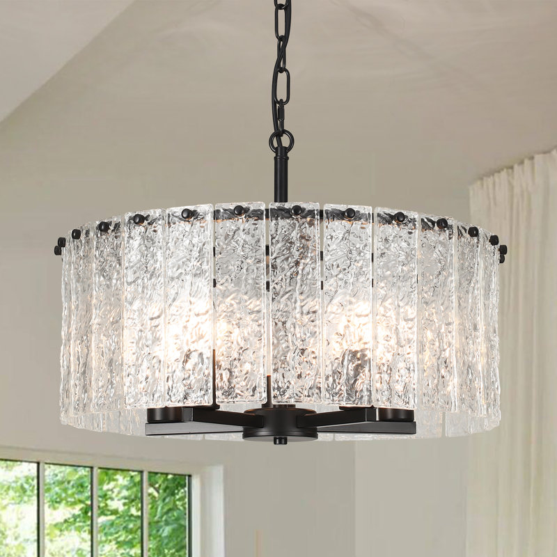Lustre tambour pour îlot de cuisine à 5 lumières à intensité variable Hajarah, Noir, noir, noir, noir