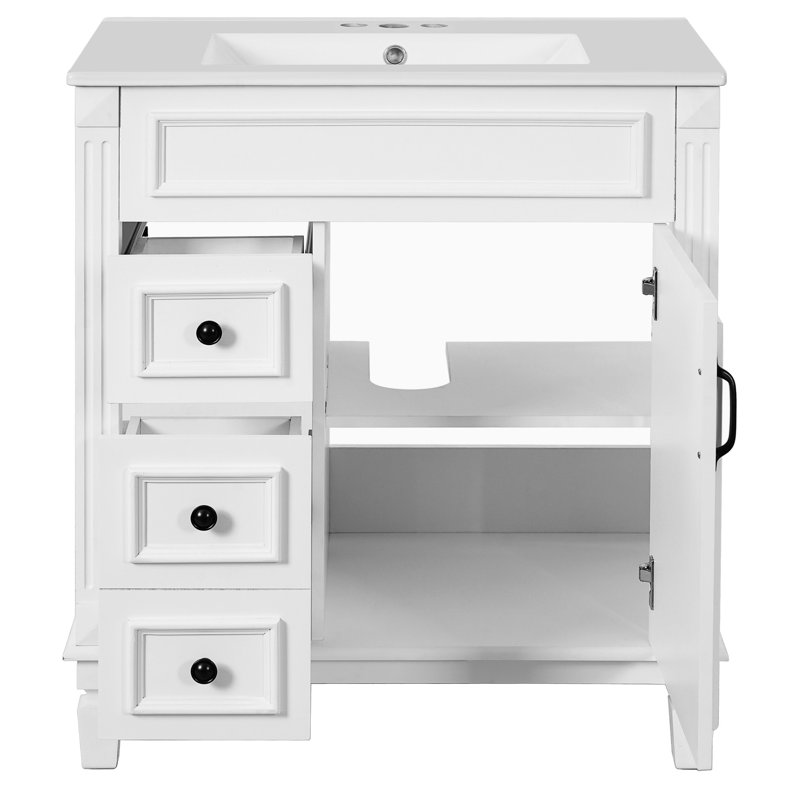Meuble-lavabo de 30 po avec lavabo en céramique de haute qualité, mécanisme de fermeture en douceur des tiroirs et tiroirs de fermeture des tablettes réglables, conception élégante pour les petits espaces