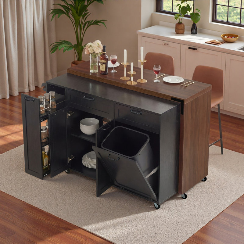 102.3" Kitchen Rolling Island Cart With Extendable Dining Table, Kitchen Island With 3-tier Pull-out Spice Rack, Trash Storage Cabinet,  Mobile Island Table On Wheels For Dining Room, Kitchen