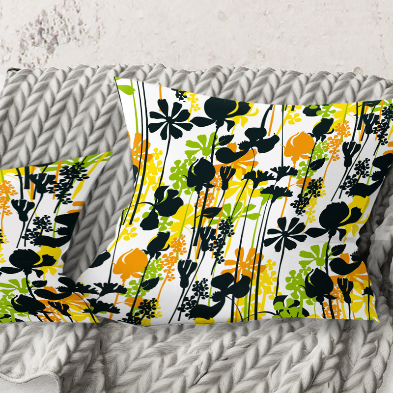 Motif de pré d'été, silhouettes noires - Coussin Mid-Century, 18 po x 18 po