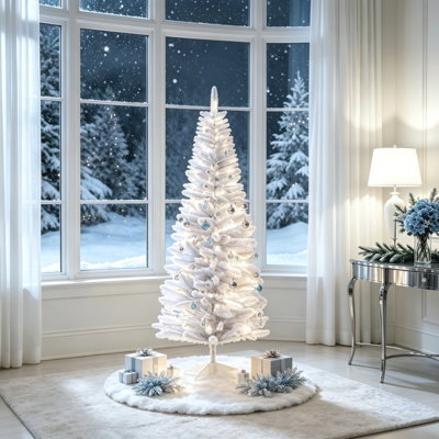 Sapin de Noël artificiel de 1,5 m (5 pi) en forme de crayon, effilé, pointes réalistes, support en plastique, blanc, recouvert de neige floquée